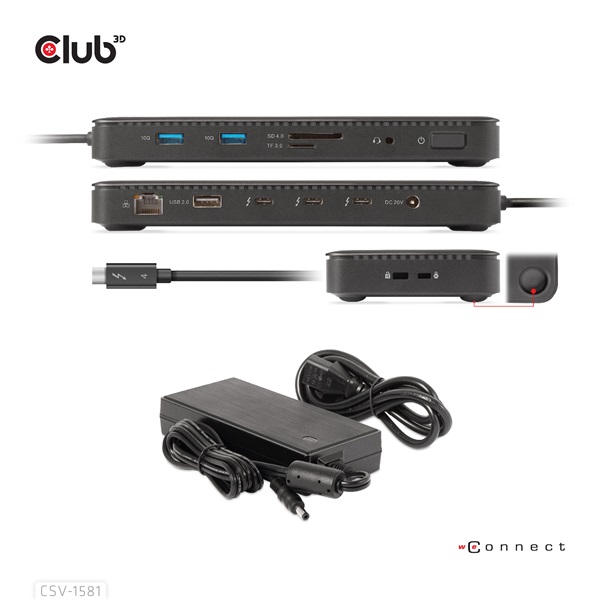 Club 3D Notebook Dokkoló - CSV-1581 (140W, Thunderbolt 4 to 3xThunderbolt 4, 3xUSB-A, SD, TF, RJ45, 3,5 Jack, DC) - Image 5