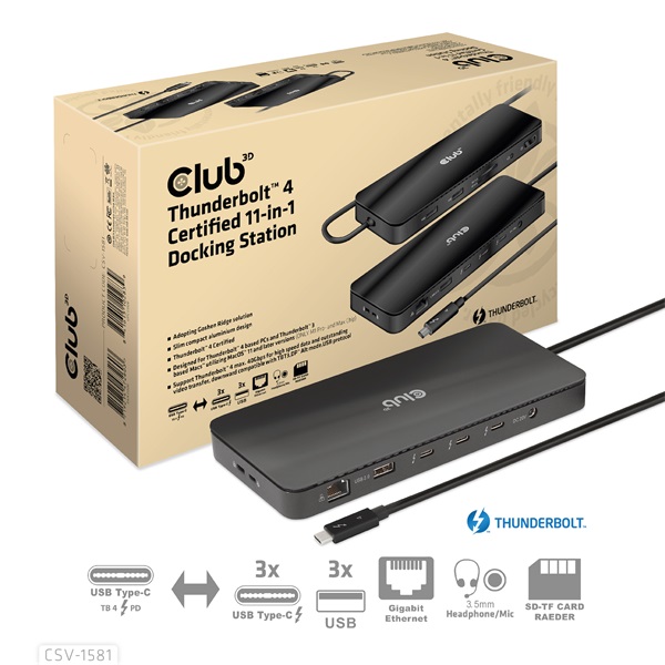 Club 3D Notebook Dokkoló - CSV-1581 (140W, Thunderbolt 4 to 3xThunderbolt 4, 3xUSB-A, SD, TF, RJ45, 3,5 Jack, DC) - Image 7