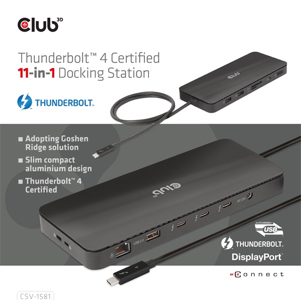 Club 3D Notebook Dokkoló - CSV-1581 (140W, Thunderbolt 4 to 3xThunderbolt 4, 3xUSB-A, SD, TF, RJ45, 3,5 Jack, DC) - Image 8