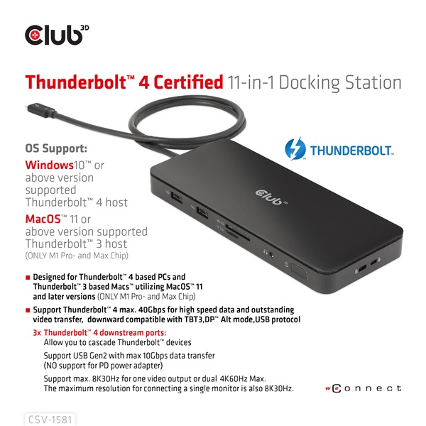 Club 3D Notebook Dokkoló - CSV-1581 (140W, Thunderbolt 4 to 3xThunderbolt 4, 3xUSB-A, SD, TF, RJ45, 3,5 Jack, DC) - Image 9