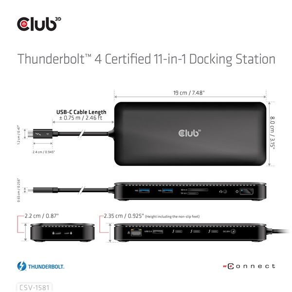 Club 3D Notebook Dokkoló - CSV-1581 (140W, Thunderbolt 4 to 3xThunderbolt 4, 3xUSB-A, SD, TF, RJ45, 3,5 Jack, DC) - Image 10
