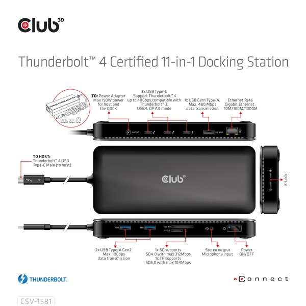 Club 3D Notebook Dokkoló - CSV-1581 (140W, Thunderbolt 4 to 3xThunderbolt 4, 3xUSB-A, SD, TF, RJ45, 3,5 Jack, DC) - Image 12