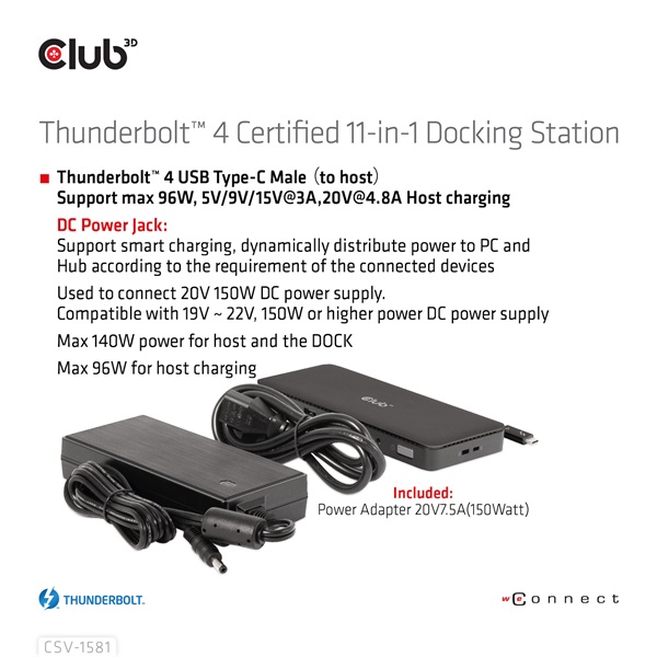 Club 3D Notebook Dokkoló - CSV-1581 (140W, Thunderbolt 4 to 3xThunderbolt 4, 3xUSB-A, SD, TF, RJ45, 3,5 Jack, DC) - Image 13