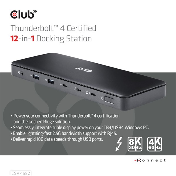 Club 3D Notebook Dokkoló - CSV-1582 (140W, Thunderbolt 4, DP, 2xHDMI, USB-C, 4xUSB-A, SD, TF, RJ45, 3,5 Jack, DC) - Image 2