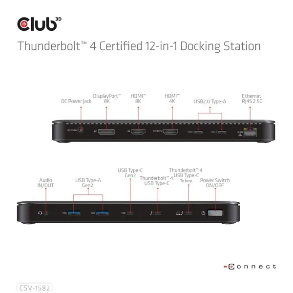 Club 3D Notebook Dokkoló - CSV-1582 (140W, Thunderbolt 4, DP, 2xHDMI, USB-C, 4xUSB-A, SD, TF, RJ45, 3,5 Jack, DC) - Image 4