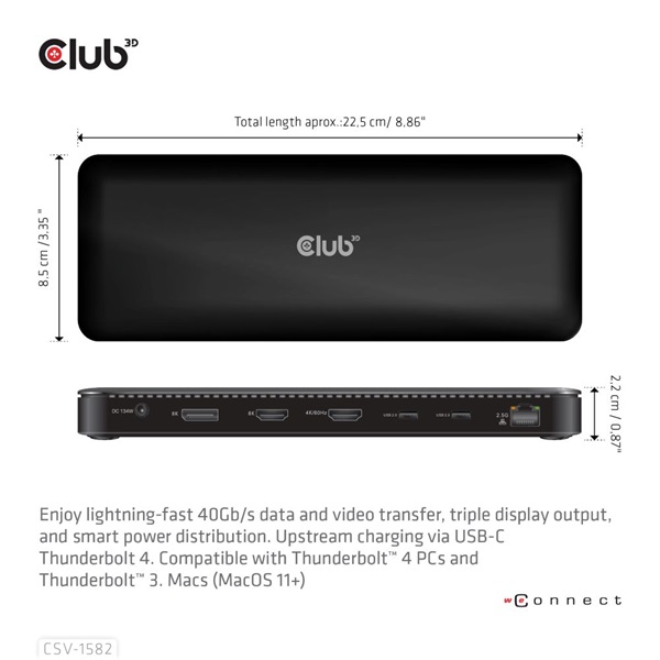 Club 3D Notebook Dokkoló - CSV-1582 (140W, Thunderbolt 4, DP, 2xHDMI, USB-C, 4xUSB-A, SD, TF, RJ45, 3,5 Jack, DC) - Image 5