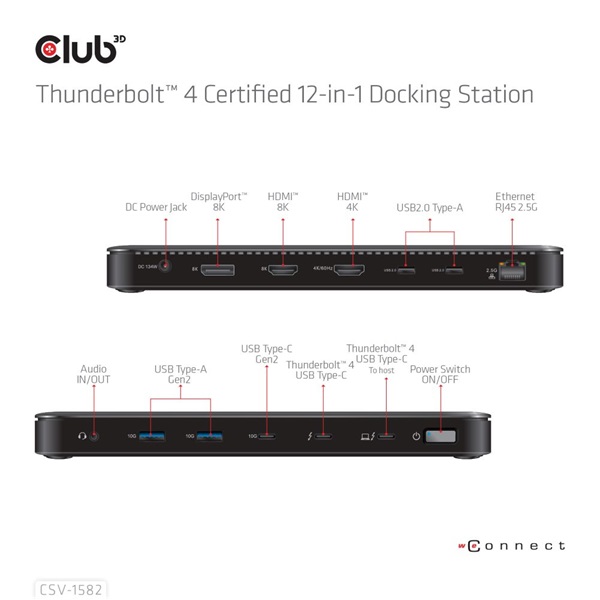 Club 3D Notebook Dokkoló - CSV-1582 (140W, Thunderbolt 4, DP, 2xHDMI, USB-C, 4xUSB-A, SD, TF, RJ45, 3,5 Jack, DC) - Image 6
