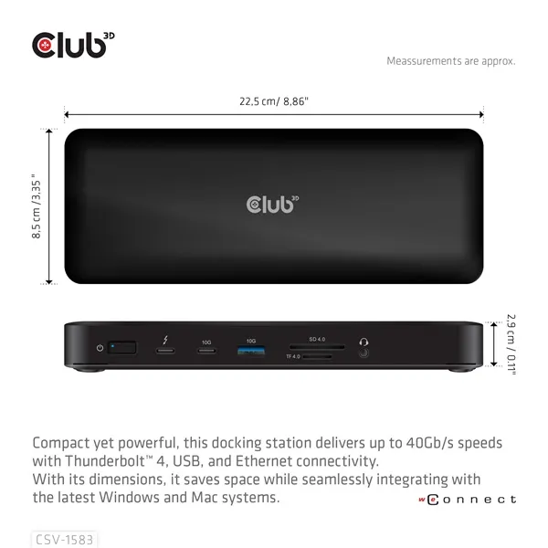 Club 3D Notebook Dokkoló - CSV-1583 (140W, 2xThunderbolt 4, 3xDP, 2xHDMI, USB-C, 3xUSB-A, SD, TF, RJ45, 3,5 Jack, DC) - Image 3