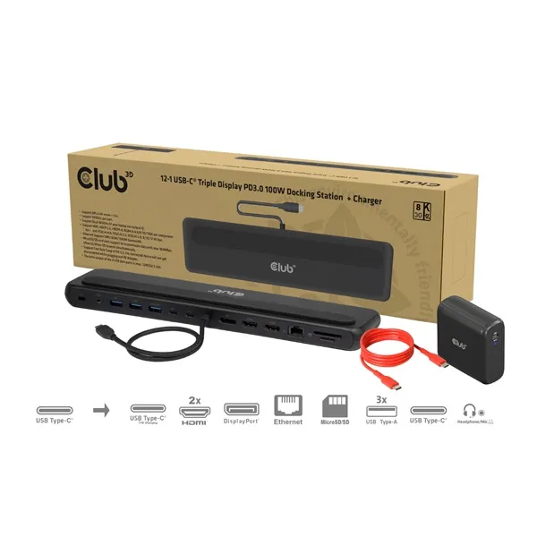 Club 3D Notebook Dokkoló - CSV-2541 (USB-C to 4xUSB-C, 2xUSB-A, 2xHDMI, 2xDP, RJ45, SD/MicroSD, 100W PD, 4K60hz)