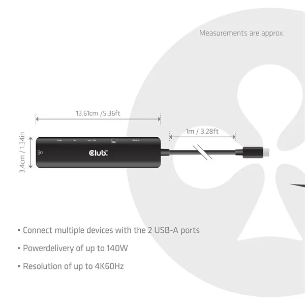 Club 3D Notebook Dokkoló - CSV-2555 (140W, USB-C to 4K60Hz HDMI, USB-C, RJ-45, 2x USB-A, MicroSD, SD) - Image 3