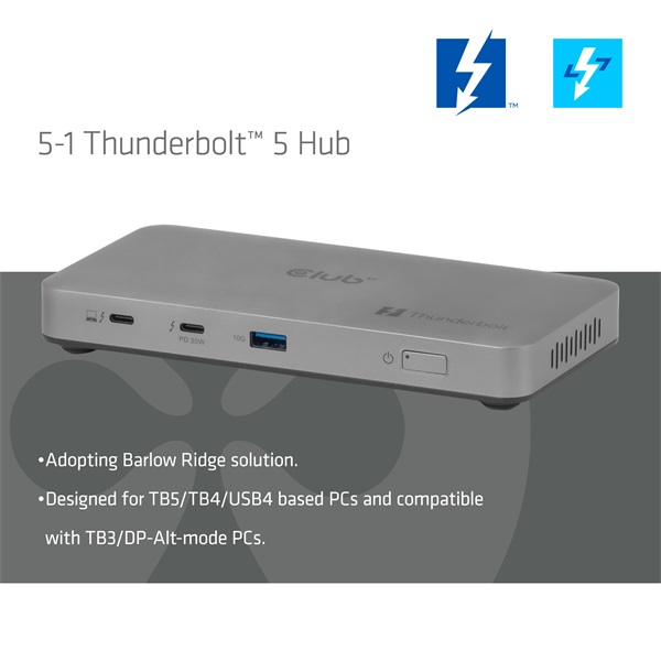 Club 3D Notebook Dokkoló - CSV-2563 (180W,Thunderbolt 5 to 3xUSB-C, USB-A, 1x 8K60Hz, 3x 5K60Hz) - Image 2