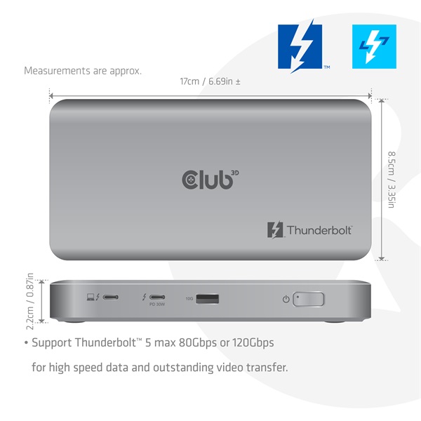 Club 3D Notebook Dokkoló - CSV-2563 (180W,Thunderbolt 5 to 3xUSB-C, USB-A, 1x 8K60Hz, 3x 5K60Hz) - Image 3