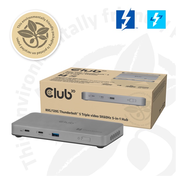 Club 3D Notebook Dokkoló - CSV-2563 (180W,Thunderbolt 5 to 3xUSB-C, USB-A, 1x 8K60Hz, 3x 5K60Hz) - Image 6
