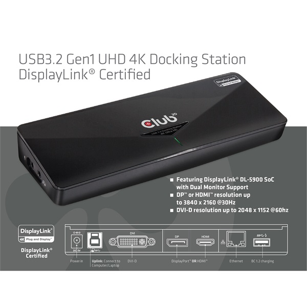 Club 3D Notebook Dokkoló - CSV-3103D (DUAL DISPLAY/4K, 3.2 USB-A to HDMI, DP, DVI-D, 3xUSB-A, RJ45, 3.5 Jack Audio +Mic) - Image 5