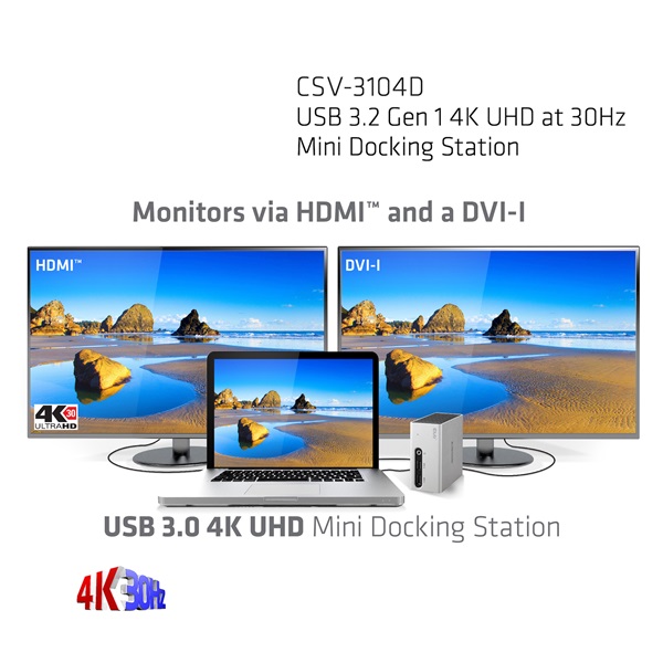 Club 3D Notebook Dokkoló - CSV-3104D (4K UHD, 3.0 USB-A to HDMI, DVI-I, 4xUSB-A, RJ45, 3.5 Jack Audio + Mic) - Image 5