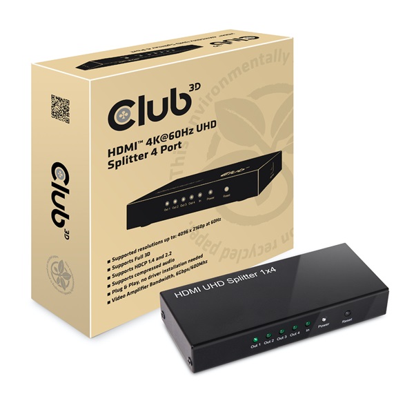 Club 3D Splitter - CSV-1380 (HDMI 2.0, 4K@60Hz UHD, 4 port, 3D támogatás, HDCP 1.4/2.2)