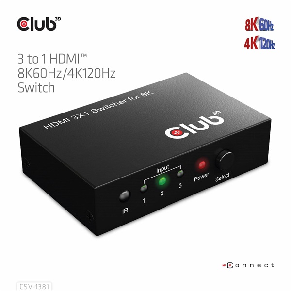 Club_3D_Switch_-_CSV-1381_3_to_1_HDMI_8K60Hz4K120Hz_IR_Taviranyitoval_HDR_HDCP_2214_Metalhaz-i464433.jpg Club 3D Switch - CSV-1381 (3 to 1 HDMI, 8K60Hz/4K120Hz, IR Távirányítóval, HDR, HDCP 2.2/1.4, Metalház) - Image 1
