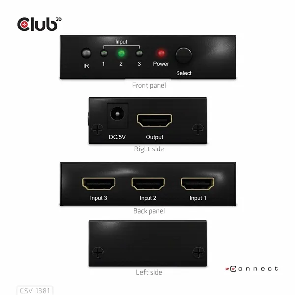 Club 3D Switch - CSV-1381 (3 to 1 HDMI, 8K60Hz/4K120Hz, IR Távirányítóval, HDR, HDCP 2.2/1.4, Metalház) - Image 3