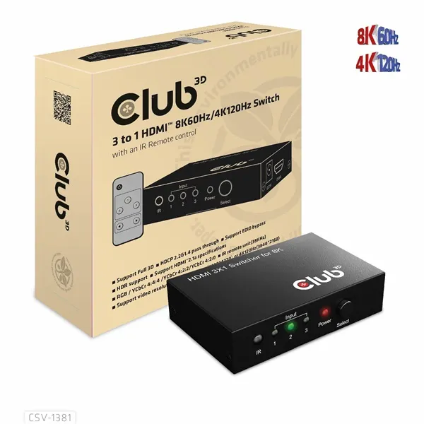 Club 3D Switch - CSV-1381 (3 to 1 HDMI, 8K60Hz/4K120Hz, IR Távirányítóval, HDR, HDCP 2.2/1.4, Metalház) - Image 7