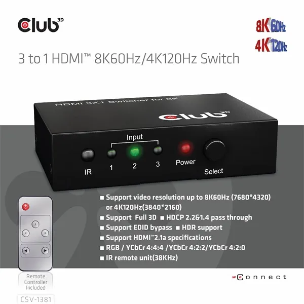 Club 3D Switch - CSV-1381 (3 to 1 HDMI, 8K60Hz/4K120Hz, IR Távirányítóval, HDR, HDCP 2.2/1.4, Metalház) - Image 8