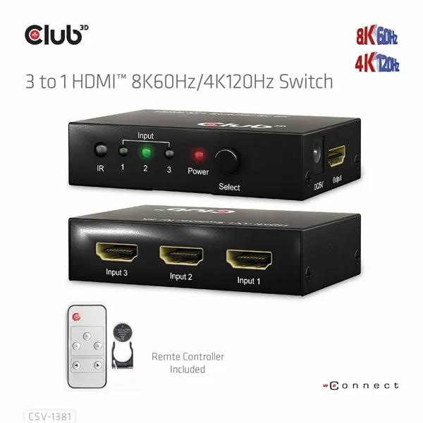 Club 3D Switch - CSV-1381 (3 to 1 HDMI, 8K60Hz/4K120Hz, IR Távirányítóval, HDR, HDCP 2.2/1.4, Metalház) - Image 9