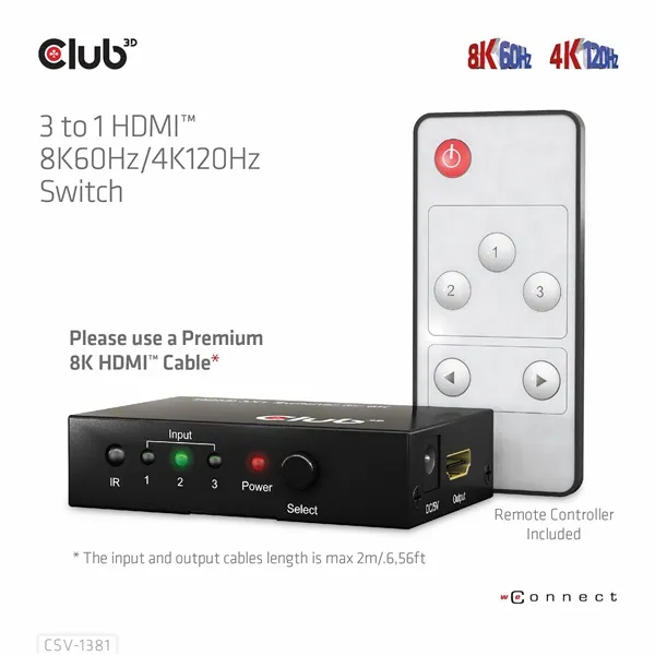 Club 3D Switch - CSV-1381 (3 to 1 HDMI, 8K60Hz/4K120Hz, IR Távirányítóval, HDR, HDCP 2.2/1.4, Metalház) - Image 13