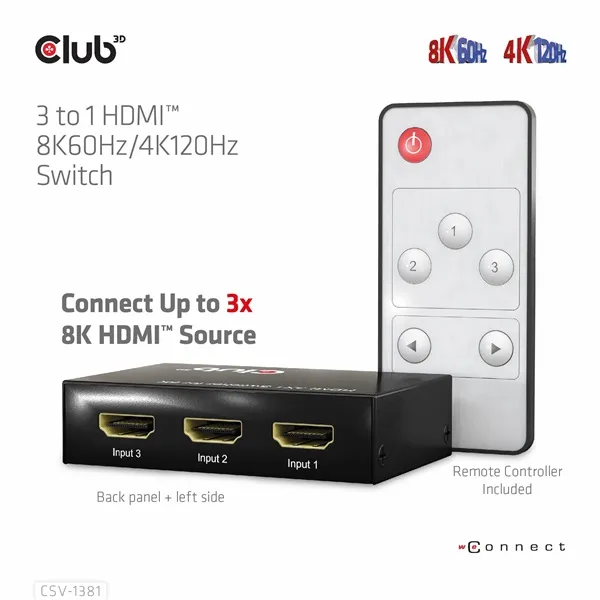Club 3D Switch - CSV-1381 (3 to 1 HDMI, 8K60Hz/4K120Hz, IR Távirányítóval, HDR, HDCP 2.2/1.4, Metalház) - Image 14