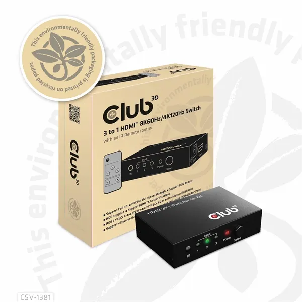 Club 3D Switch - CSV-1381 (3 to 1 HDMI, 8K60Hz/4K120Hz, IR Távirányítóval, HDR, HDCP 2.2/1.4, Metalház) - Image 16