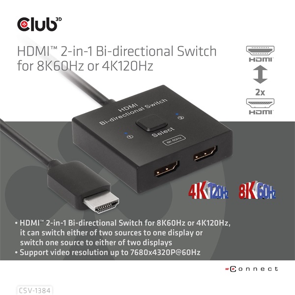 Club 3D Switch - CSV-1384 (HDMI 2-az-1-ben, Kétirányú, 8K60Hz/4K120Hz, HDR, HDMI 2.1) - Image 6