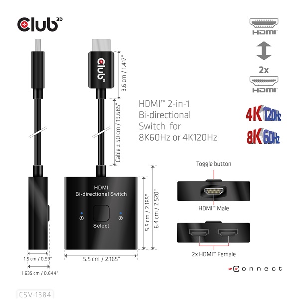 Club 3D Switch - CSV-1384 (HDMI 2-az-1-ben, Kétirányú, 8K60Hz/4K120Hz, HDR, HDMI 2.1) - Image 7