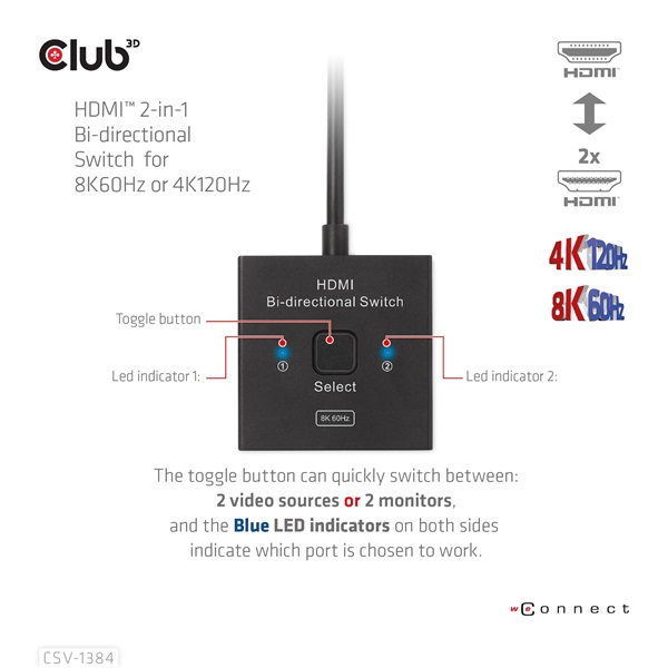Club 3D Switch - CSV-1384 (HDMI 2-az-1-ben, Kétirányú, 8K60Hz/4K120Hz, HDR, HDMI 2.1) - Image 9