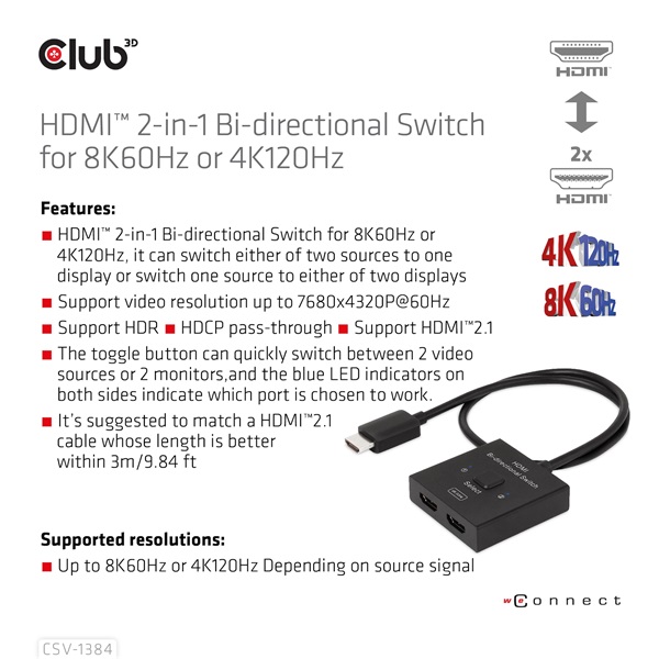 Club 3D Switch - CSV-1384 (HDMI 2-az-1-ben, Kétirányú, 8K60Hz/4K120Hz, HDR, HDMI 2.1) - Image 10