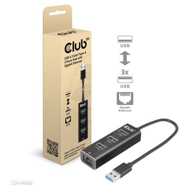 Club 3D USB Hub - CSV-1430A (3.2 USB-A to 3xUSB-A, RJ45) - Image 1