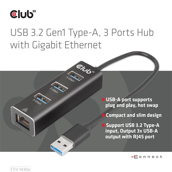 Club 3D USB Hub - CSV-1430A (3.2 USB-A to 3xUSB-A, RJ45) - Image 2