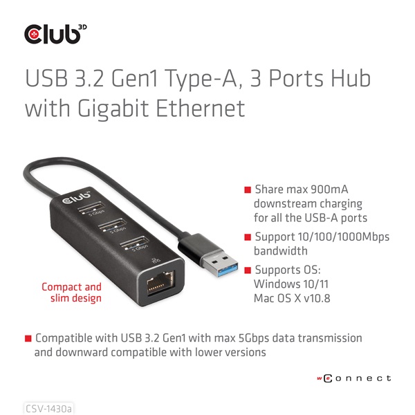Club 3D USB Hub - CSV-1430A (3.2 USB-A to 3xUSB-A, RJ45) - Image 3