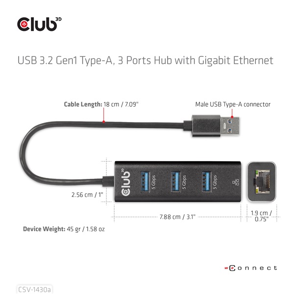 Club 3D USB Hub - CSV-1430A (3.2 USB-A to 3xUSB-A, RJ45) - Image 4