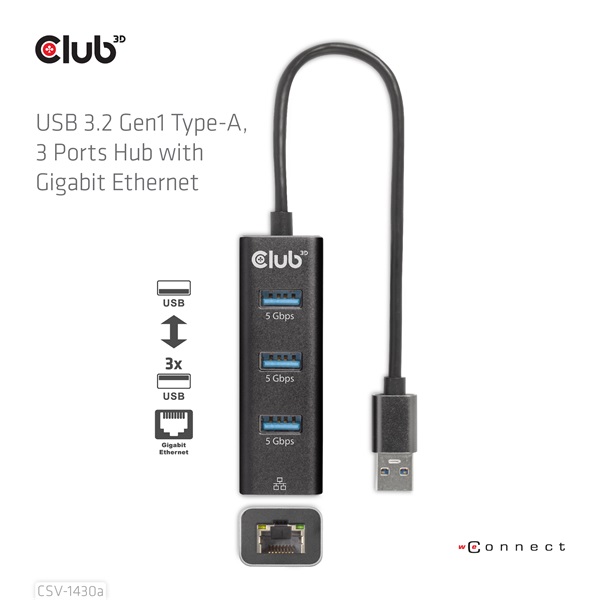 Club 3D USB Hub - CSV-1430A (3.2 USB-A to 3xUSB-A, RJ45) - Image 8