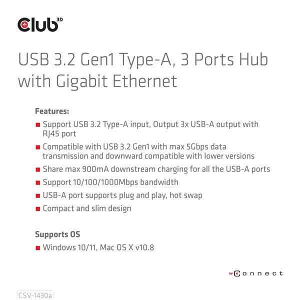Club 3D USB Hub - CSV-1430A (3.2 USB-A to 3xUSB-A, RJ45) - Image 9