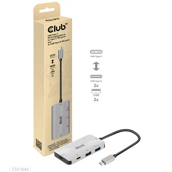 Club 3D USB Hub - CSV-1543 (USB-C Gen 2 to USB-C (data), USB-C (data+charge), USB-A (data), USB-A (data+charge)