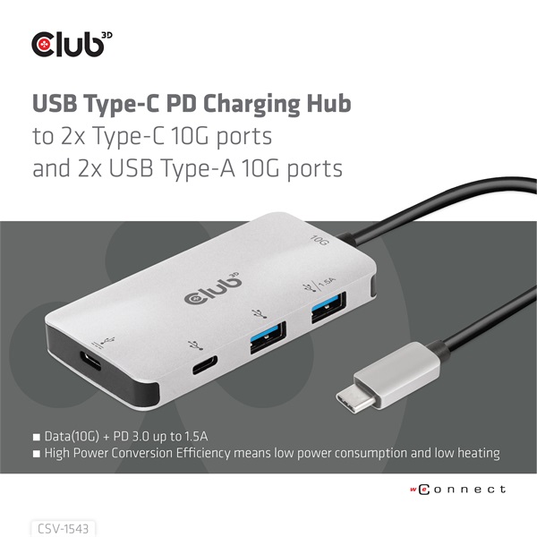 Club 3D USB Hub - CSV-1543 (USB-C Gen 2 to USB-C (data), USB-C (data+charge), USB-A (data), USB-A (data+charge) - Image 2