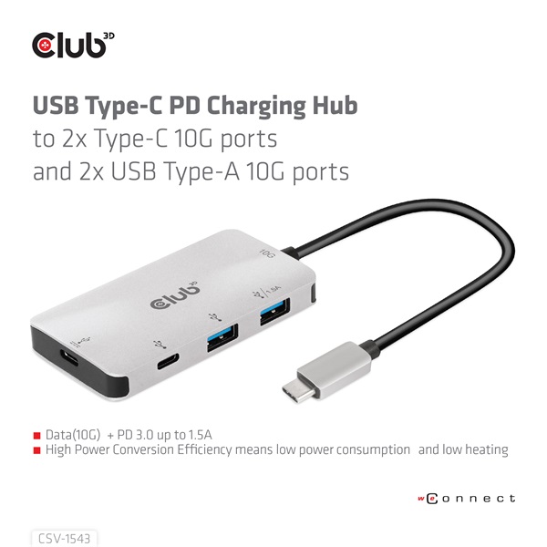 Club 3D USB Hub - CSV-1543 (USB-C Gen 2 to USB-C (data), USB-C (data+charge), USB-A (data), USB-A (data+charge) - Image 3