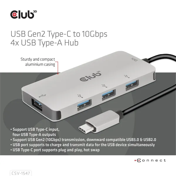 Club 3D USB Hub - CSV-1547 (USB-C Gen 2 to 4xUSB-A 10 Gbps) - Image 6