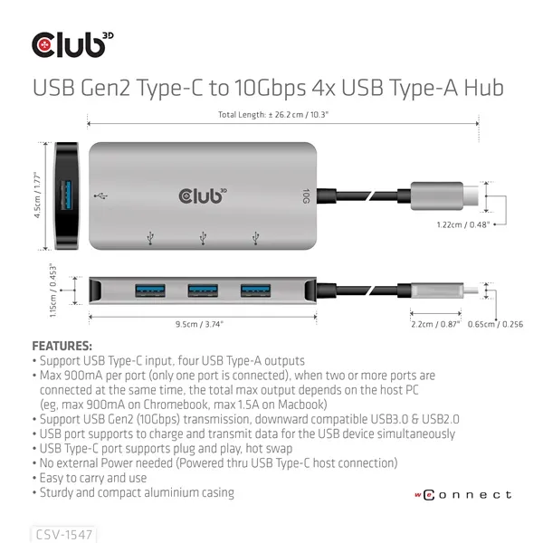 Club 3D USB Hub - CSV-1547 (USB-C Gen 2 to 4xUSB-A 10 Gbps) - Image 8