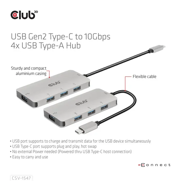 Club 3D USB Hub - CSV-1547 (USB-C Gen 2 to 4xUSB-A 10 Gbps) - Image 10