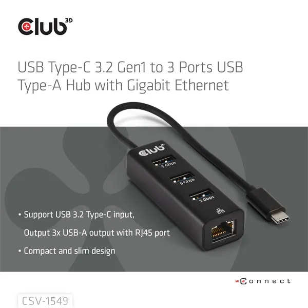 Club 3D USB Hub - CSV-1549 (3.2 USB-C Gen 1 to 3xUSB-A, RJ45,1Gbps) - Image 2