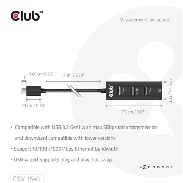 Club 3D USB Hub - CSV-1549 (3.2 USB-C Gen 1 to 3xUSB-A, RJ45,1Gbps) - Image 3