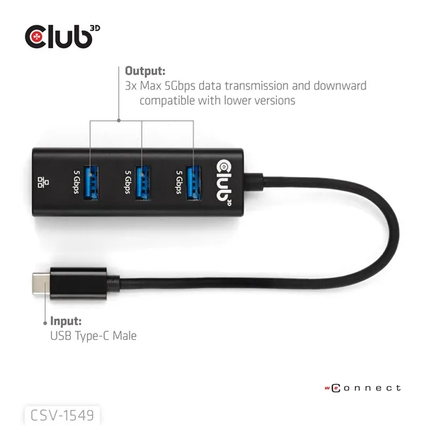 Club 3D USB Hub - CSV-1549 (3.2 USB-C Gen 1 to 3xUSB-A, RJ45,1Gbps) - Image 4