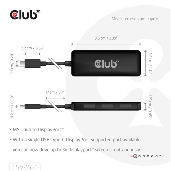 Club 3D USB Hub - CSV-1553 (3.2 USB-C with DP Alt-Mode to 3xDisplayPort, 4k60Hz) - Image 3