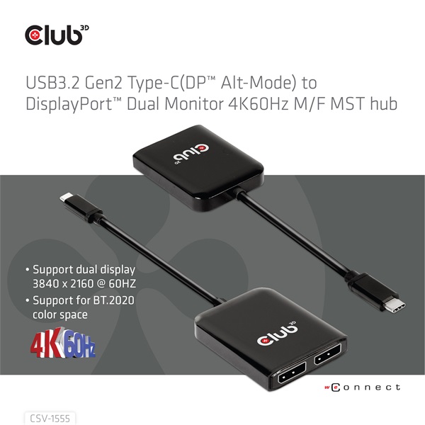 Club 3D USB Hub - CSV-1555 (3.2 USB-C to 2xDisplayPort, 4k60Hz) - Image 4