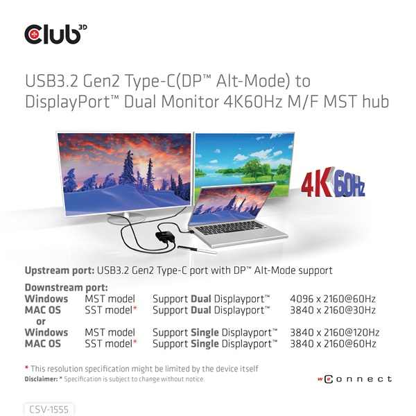 Club 3D USB Hub - CSV-1555 (3.2 USB-C to 2xDisplayPort, 4k60Hz) - Image 7